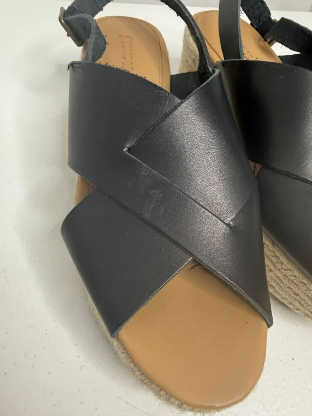 Soludos Black Leather Espadrille Platform Sandals Size 7